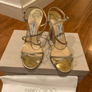 EUC Jimmy Choo Issey lame glitter gold 37.5